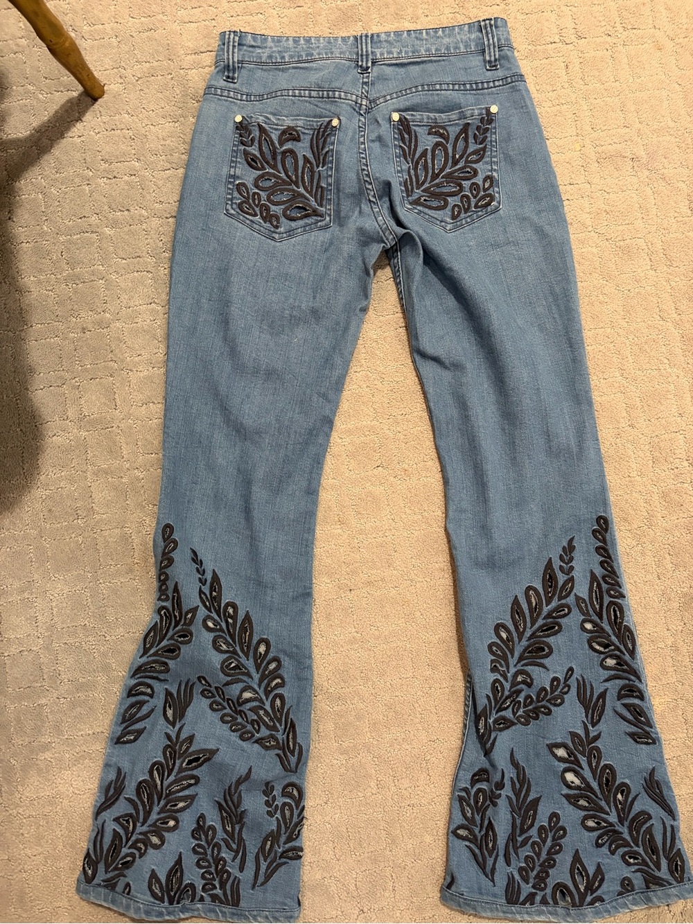Alice + Olivia Light Blue Flare Jeans with Black Embroidery Limited Edition - Picture 3 of 8